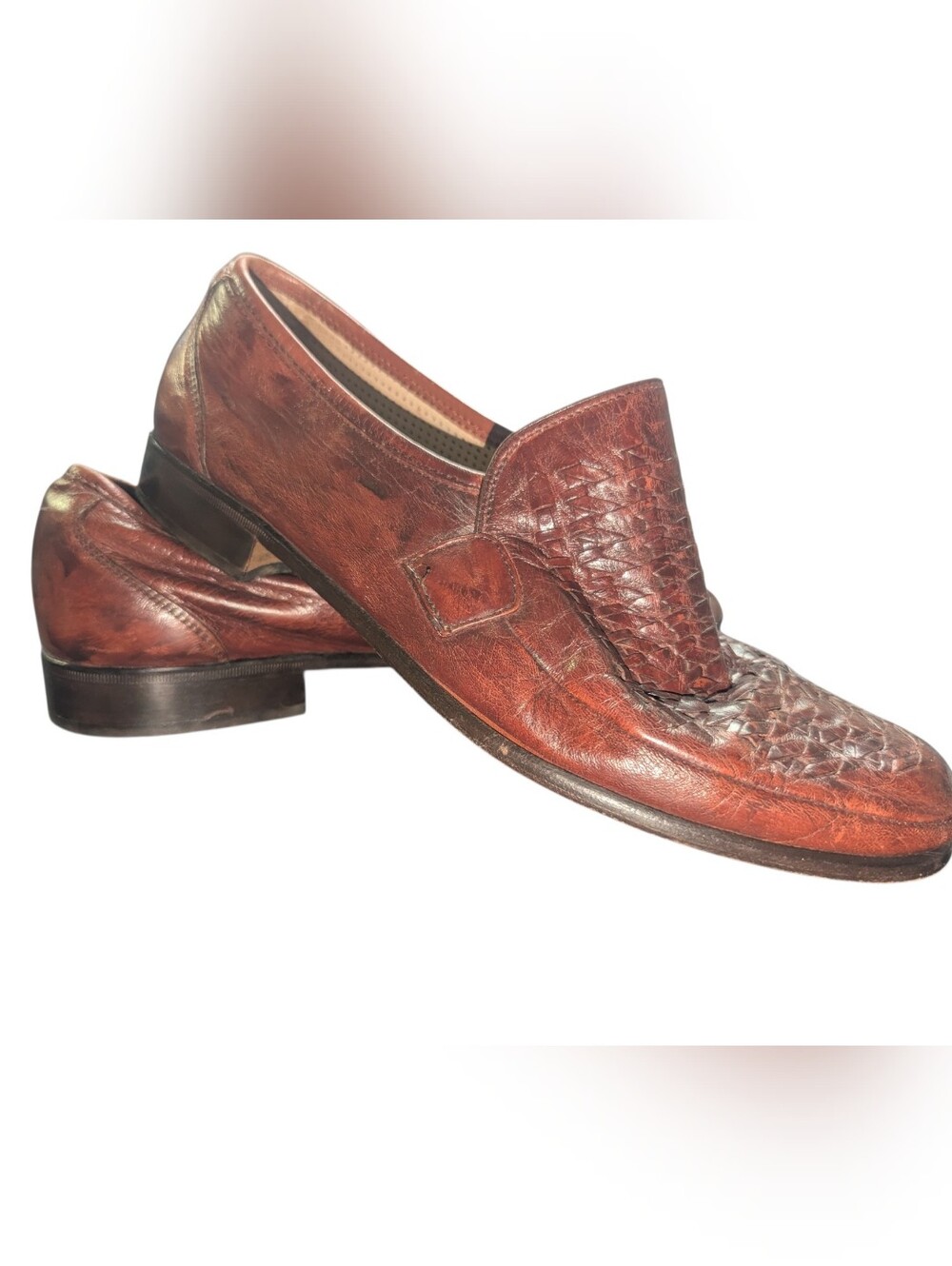 Vintage Men's Woven Leather Slip-On Loafers in Chestnut Brown
